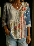Women's Casual Floral Print Cotton Linen Top