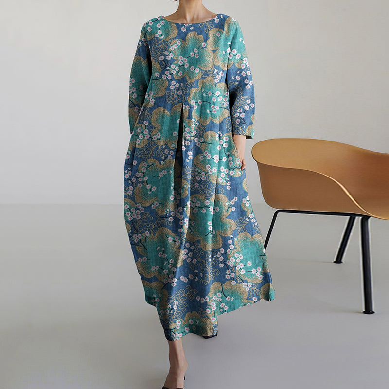 Women's Floral Print Cotton And Linen Dress