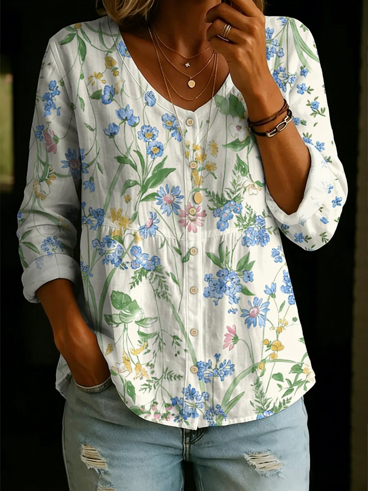 Women's Casual Floral Print Cotton Linen Top