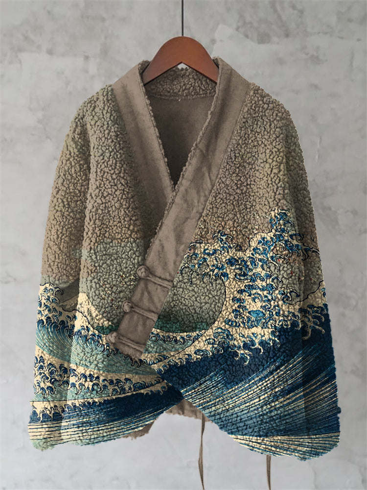 Japanese Waves Art Cozy Fleece Kimono Cardigan