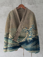 Japanese Waves Art Cozy Fleece Kimono Cardigan