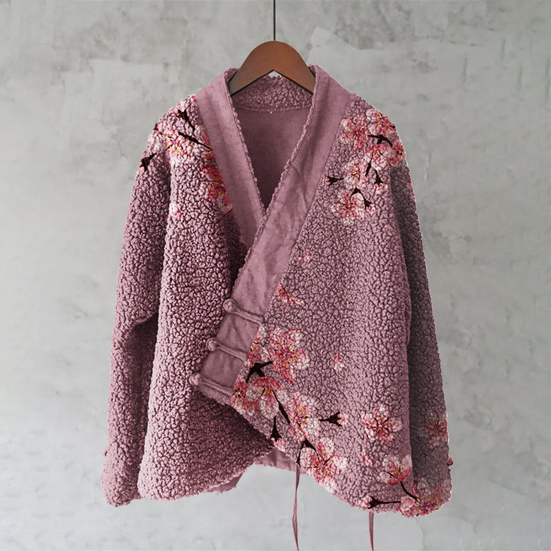 Vintage Japanese Cherry Blossom Art Pattern Plush Kimono Cardigan