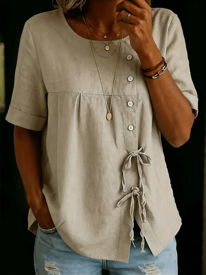 Women's Retro Solid Color Button Lace Up Tie Shirt