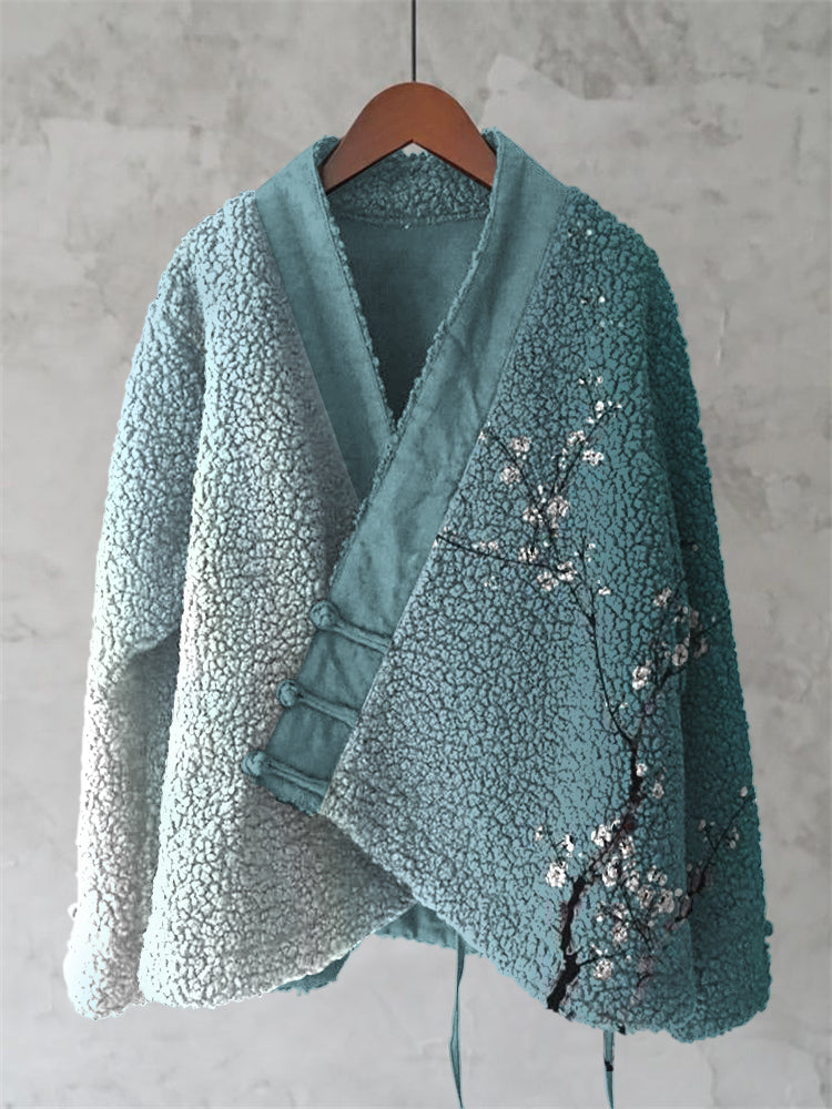Vintage Cherry Blossom Gradient Japanese Art Cozy Fleece Kimono Cardigan