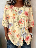 Women's Retro Floral Button Lace Up Tie Shirt