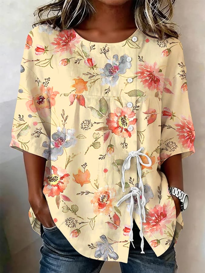 Women's Retro Floral Button Lace Up Tie Shirt
