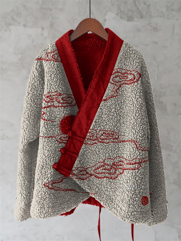 Vintage Cloud Line Art Plush Cardigan