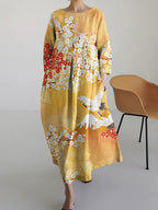 Japanese Cherry Blossom And Crane Art Print Cotton And Linen Dress