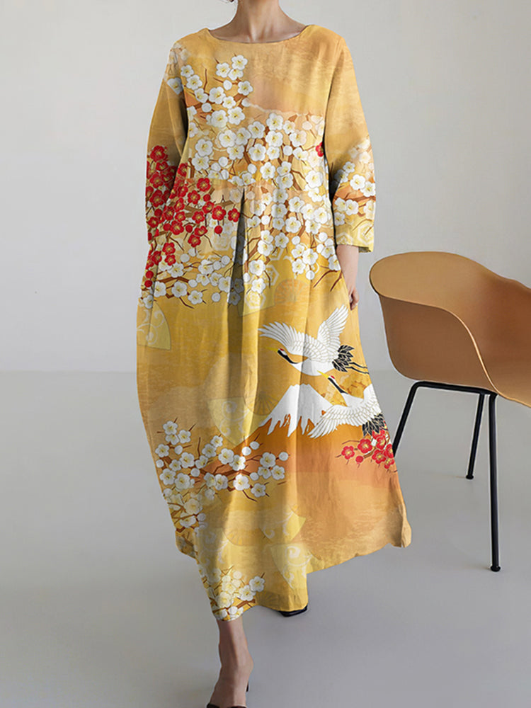 Japanese Cherry Blossom And Crane Art Print Cotton And Linen Dress