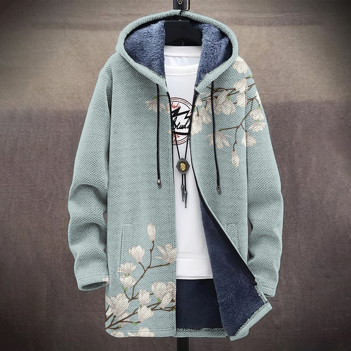 Men's Vintage Magnolia Japanese Art Cozy Hooded Cardigan