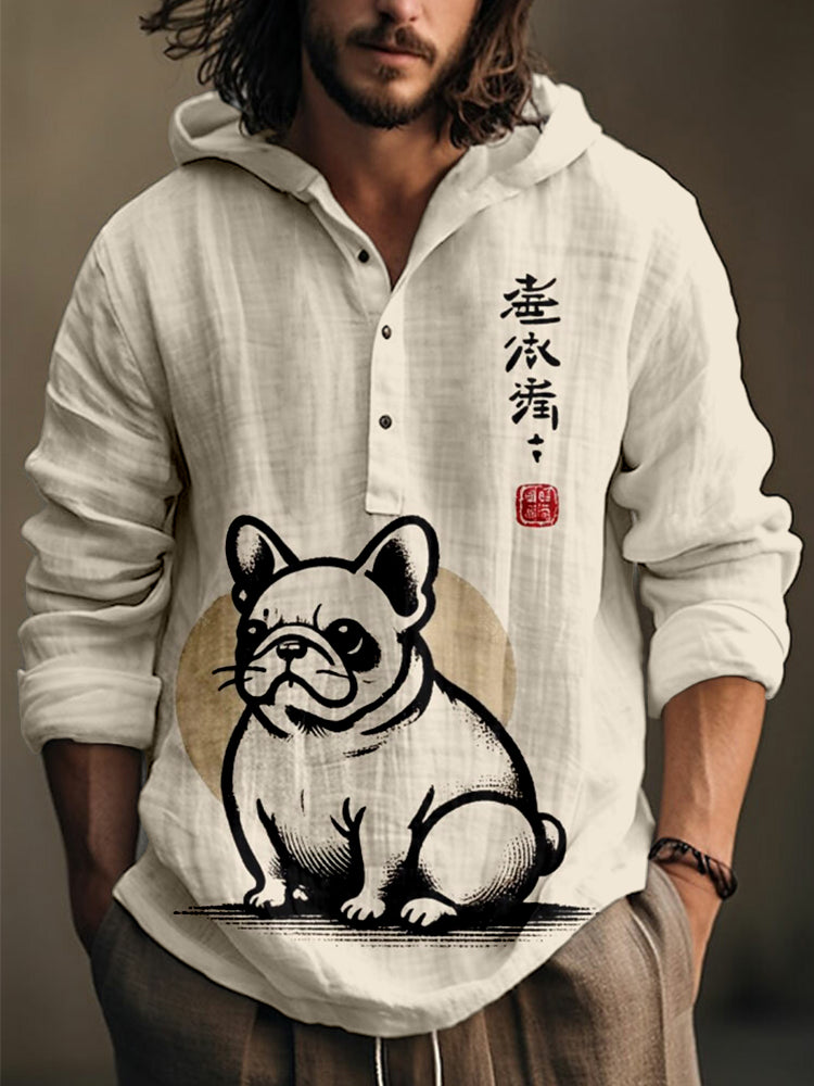 Men's Vintage French Bulldog Japanese Art Linen Blend Hooded Shirt
