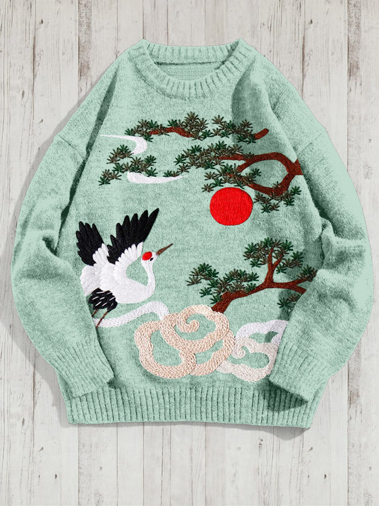 Crane And Pine Embroidered Cozy Knit Sweater