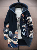 Japanese Wave & Cat Prints Men's Hooded Jacket