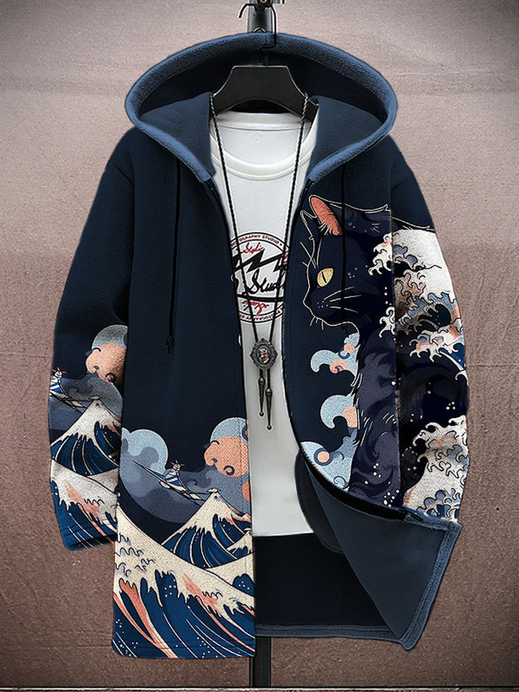 Japanese Wave & Cat Prints Men's Hooded Jacket