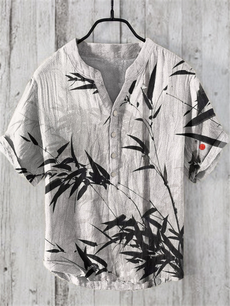 Men'S Japanese Art Bamboo Leaf Linen Blend Shirt