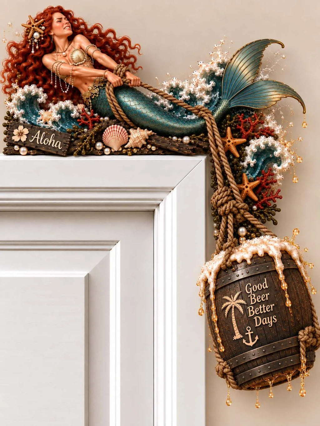 🌴 Mermaid with Hanging Beer Barrel Aloha Tropical Door Frame Decor