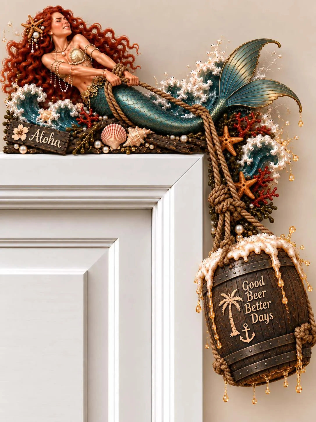 🌴 Mermaid with Hanging Beer Barrel Aloha Tropical Door Frame Decor
