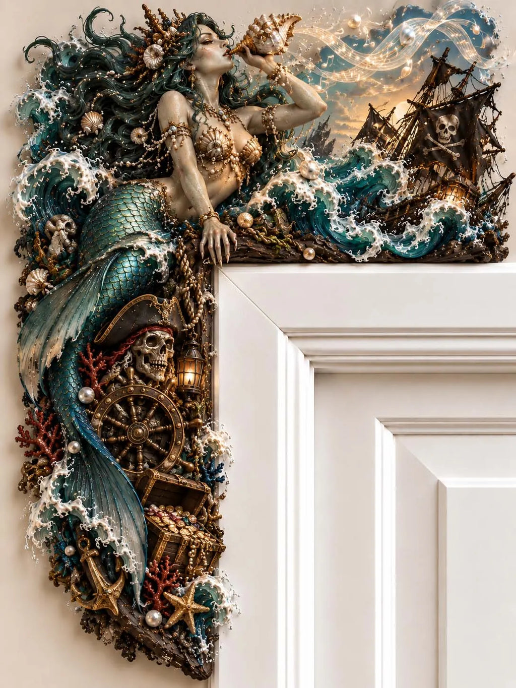 🏴‍☠️ Mermaid Blowing Conch Horn with Pirate Ship Door Corner Decor