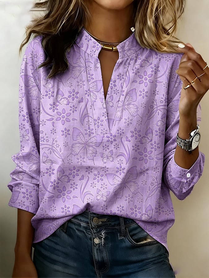 Women's Casual Retro Purple Cotton And Linen Shirt