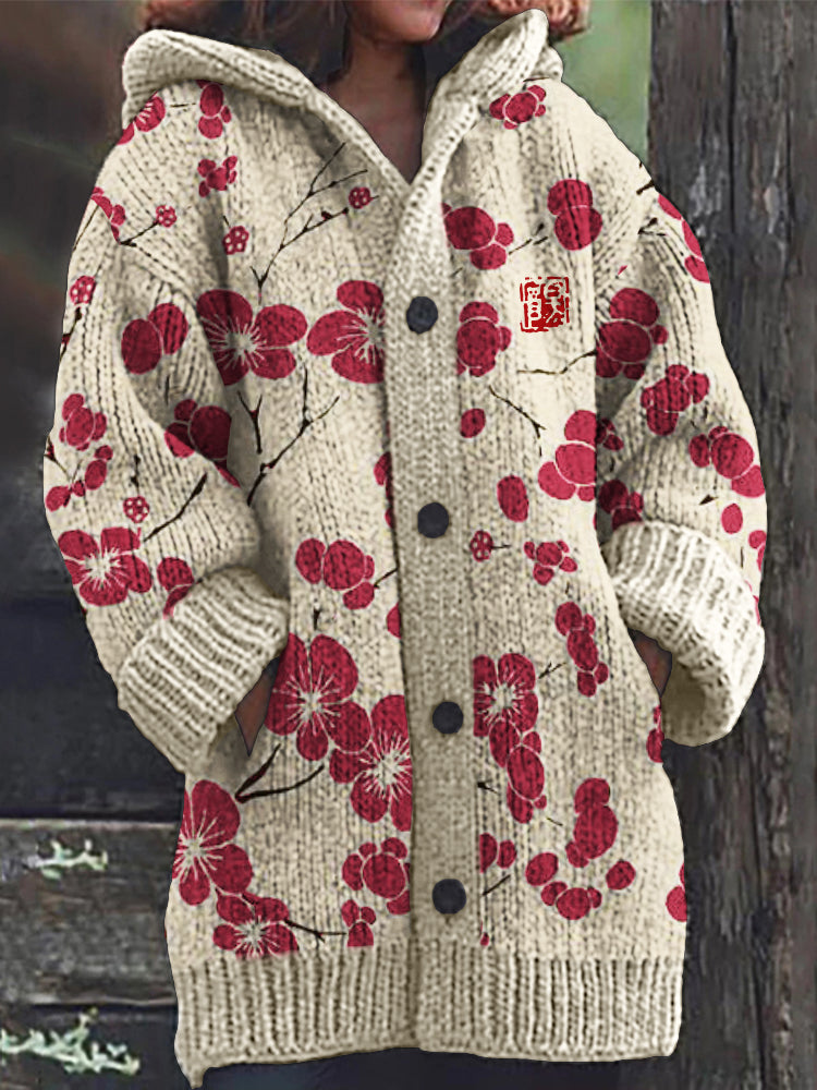 Cherry Blossom Japanese Lino Pattern Cozy Hooded Cardigan