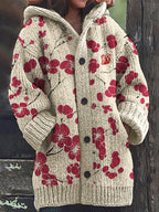 Cherry Blossom Japanese Lino Pattern Cozy Hooded Cardigan