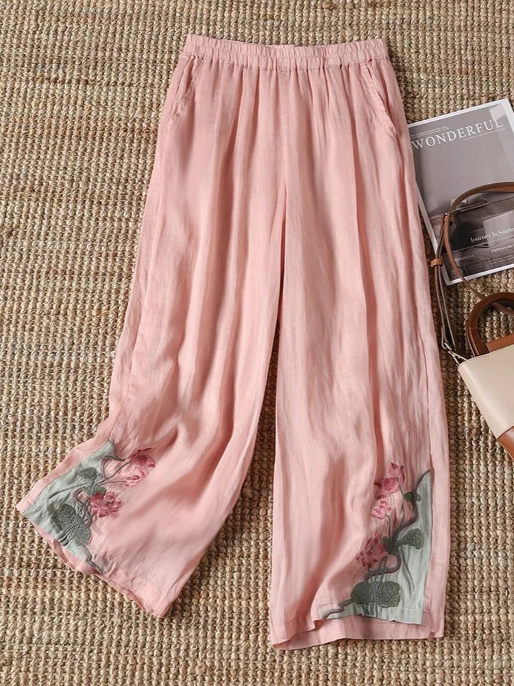 Women's Retro Color Block Floral Cotton Linen Pocket Casual Trousers