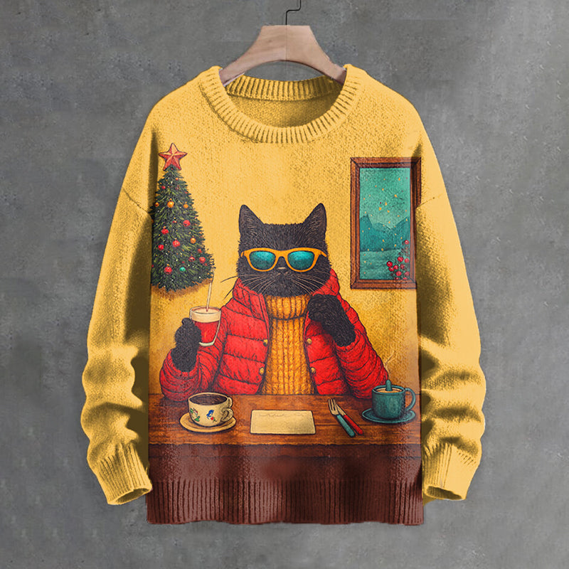 Men's Christmas Black Cat Down Jacket Print Knitted Sweatshirt