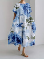 Floral Print Round Neck Short Sleeve Loose Midi Dress