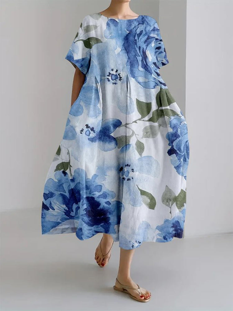 Floral Print Round Neck Short Sleeve Loose Midi Dress