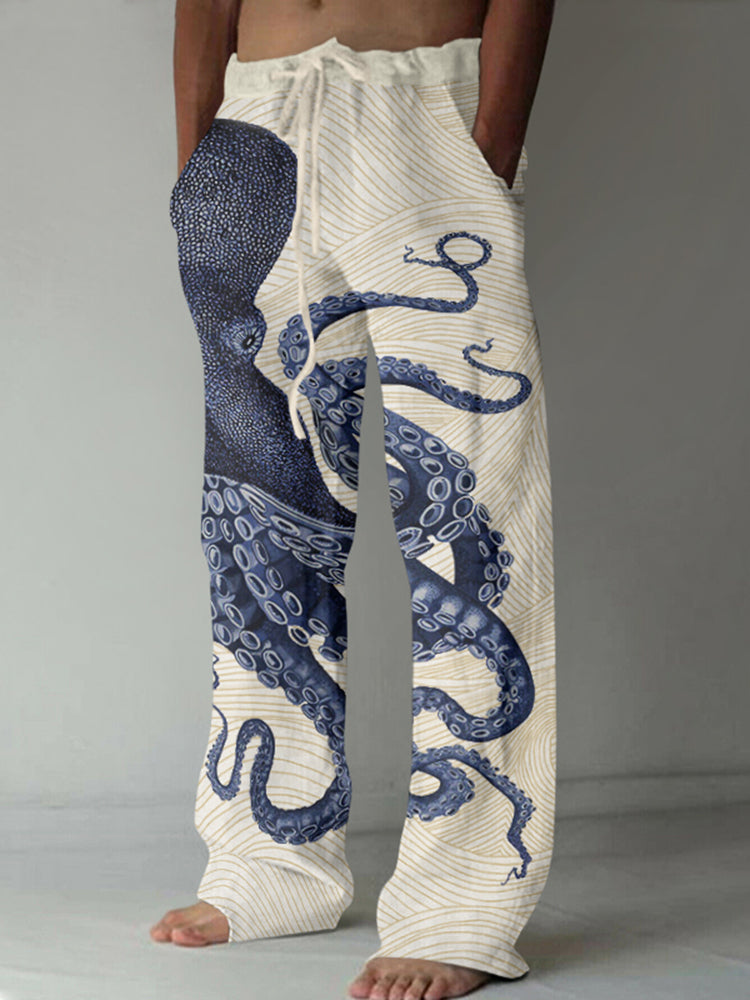 Japanese Art Octopus Waves Printed Pants