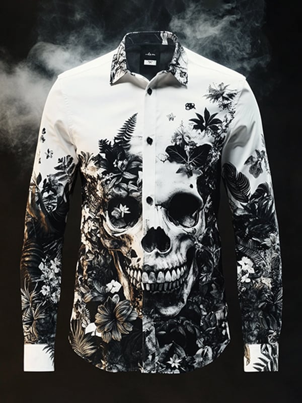 Men's Outdoor Vintage Skull and Floral Long Sleeve Shirt
