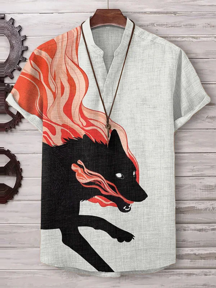 Men'S Vintage The Jackals Come At Night Japanese Art Linen Blend Shirt