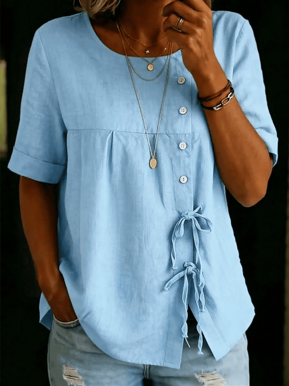 Women's Retro Solid Color Button Lace Up Tie Shirt
