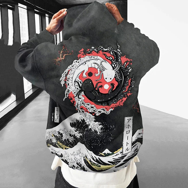 Men's Retro Japanese Yin Yang Axolotl Sea Wave Print Hoodie