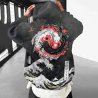 Men's Retro Japanese Yin Yang Axolotl Sea Wave Print Hoodie