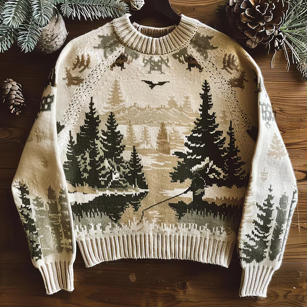 Vintage Mountain Forest Pattern Warmth Knitted Jacquard Unisex Sweater