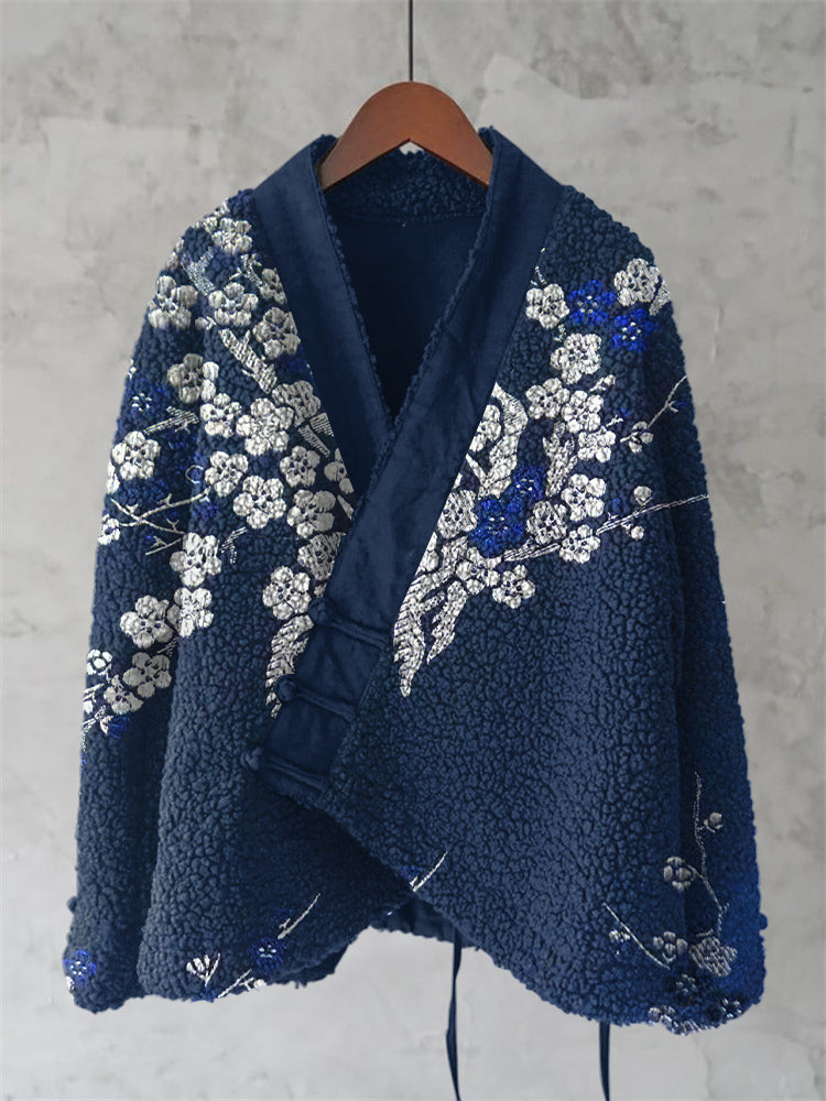 Japanese Floral Lino Art Cozy Fleece Kimono Cardigan