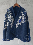 Japanese Floral Lino Art Cozy Fleece Kimono Cardigan