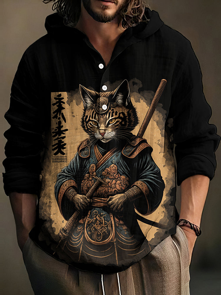 Men's Japanese Warrior Cat Art Print Hooded Shirt