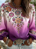 Women's Floral Print Long-Sleeve Linen-Blend Shirt with Round Neck