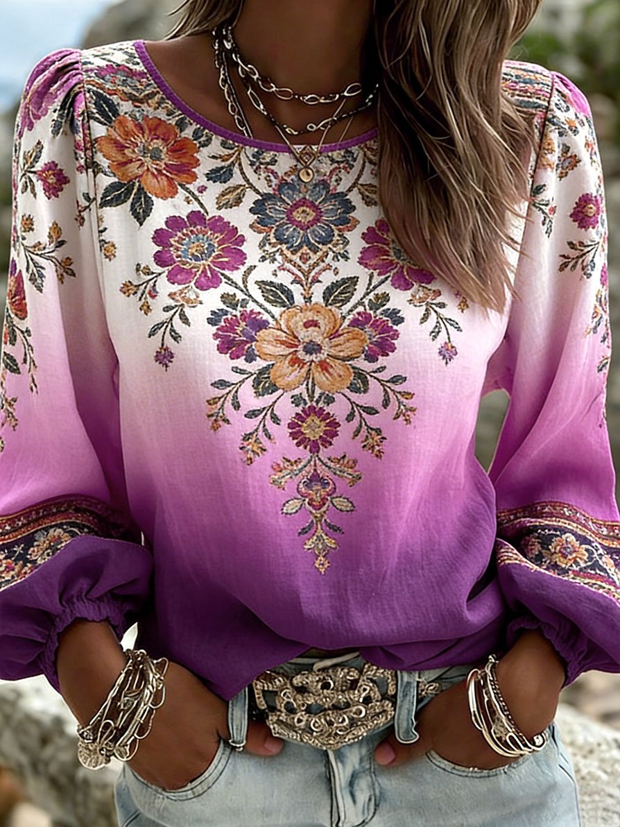 Women's Floral Print Long-Sleeve Linen-Blend Shirt with Round Neck