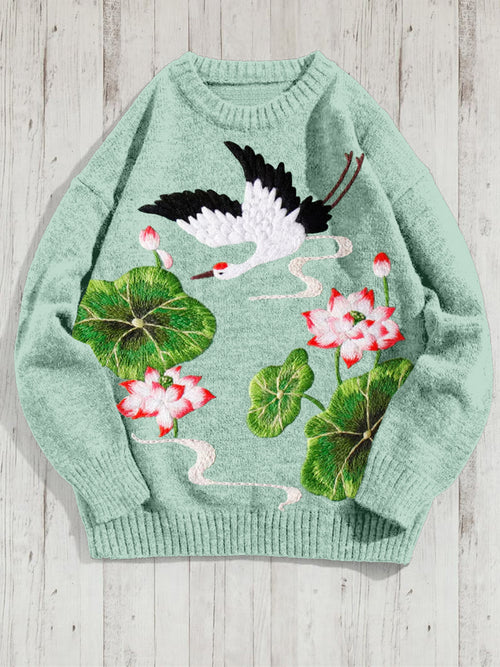 Crane And Lotus Flower Embroidered Cozy Knit Sweater