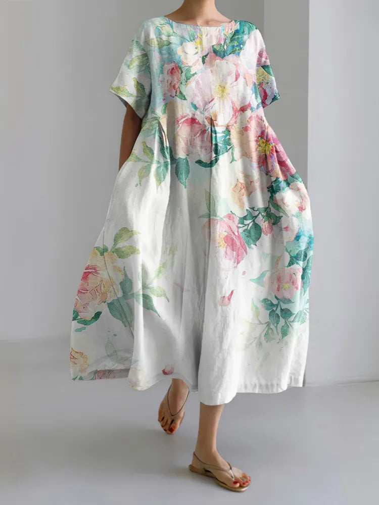 Floral Print Round Neck Loose Midi Dress