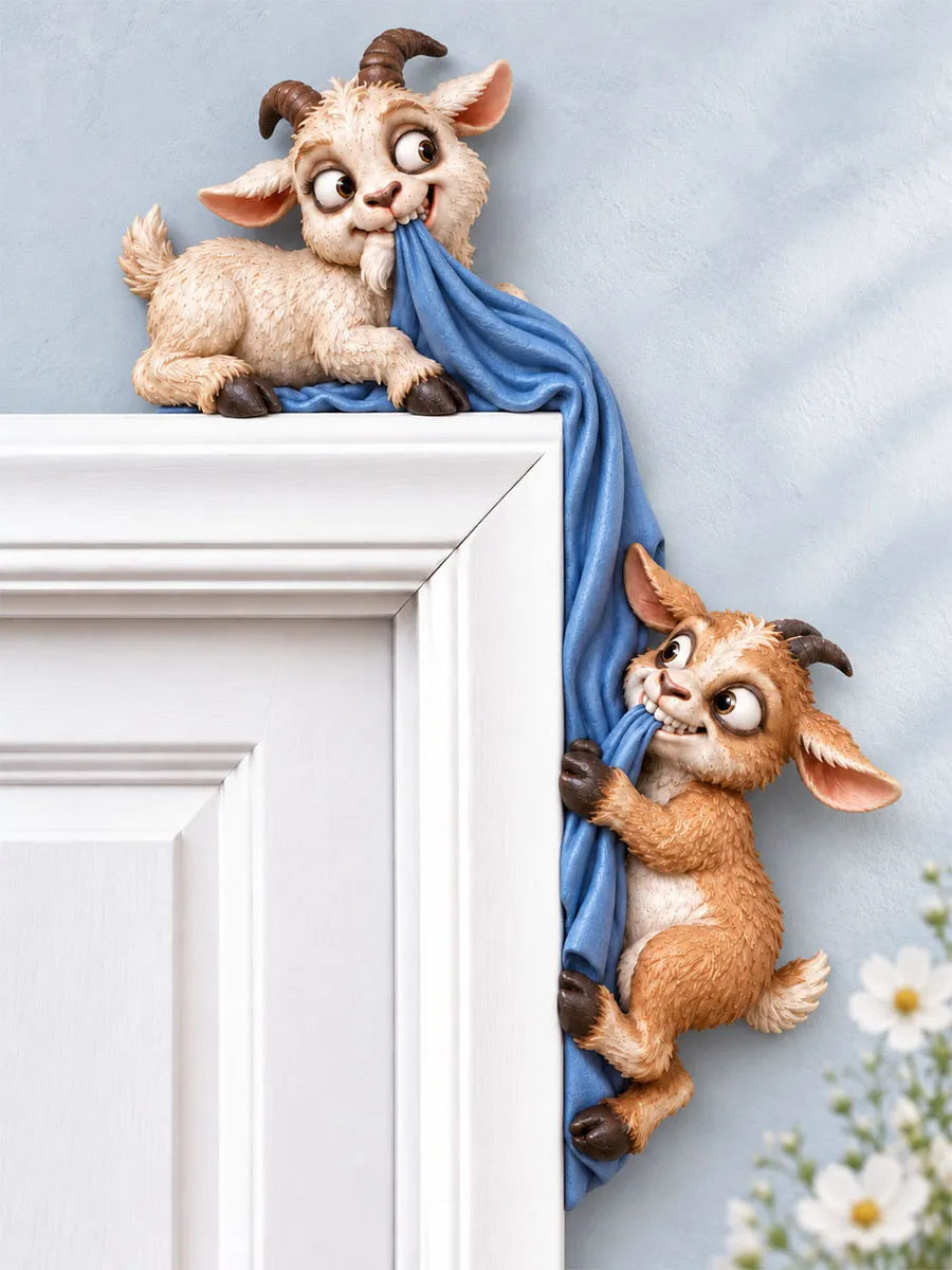 Playful Goat Tug-of-War Door Frame Corner Decor