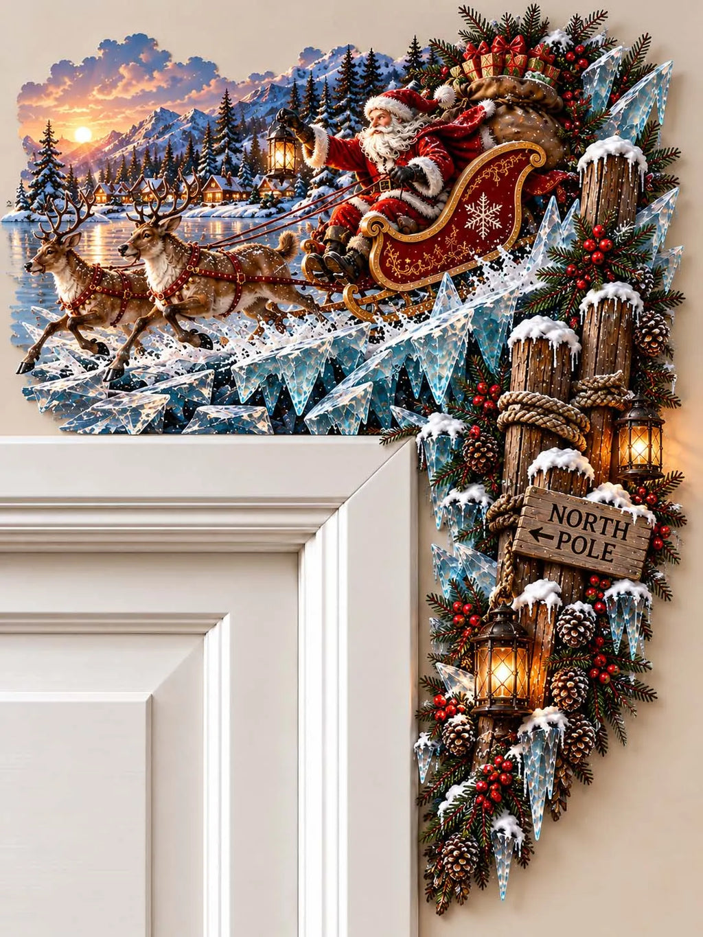 🎅 North Pole Santa Claus Sleigh and Reindeer Door Corner Decor 🎄