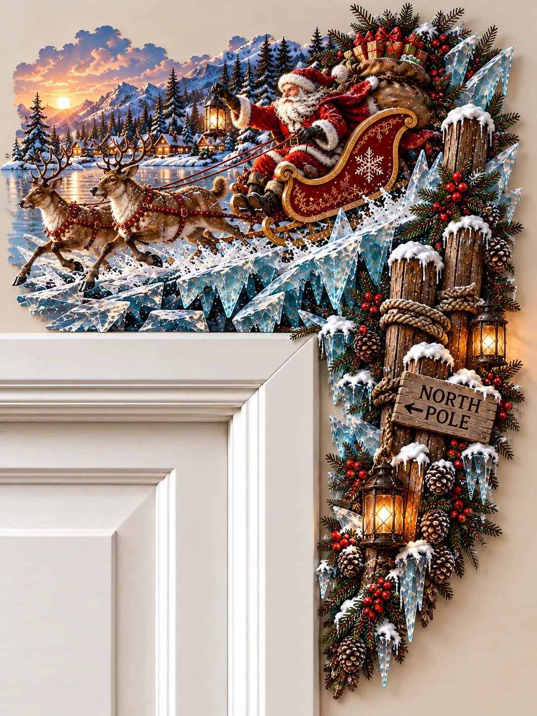 🎅 North Pole Santa Claus Sleigh and Reindeer Door Corner Decor 🎄