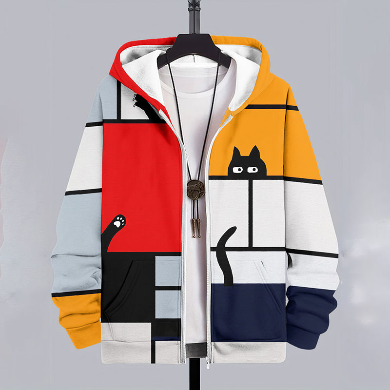 Vintage Colorblock Mondrian Cat Print Casual Zip Hoodie