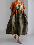 Japanese Art Floral Octopus Print Casual Art Linen Blend Maxi Dress