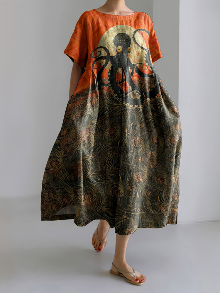 Japanese Art Floral Octopus Print Casual Art Linen Blend Maxi Dress