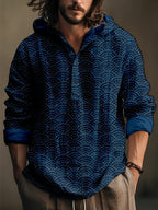 Men's Ocean Waves Japanese Sashiko Art Linen Blend Hooded Shirt